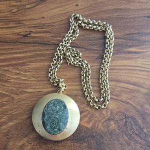 Vtg Estate Ornate Gold Necklace with Jade Medallion Locket Pendant